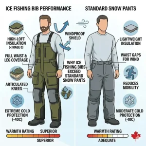 Illustration of windproof and breathable fabric technology used in the warmest ice fishing bibs for Canadian climates.