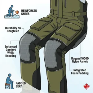 Illustration of the flotation and buoyancy assistance features in premium ice fishing bibs for safety on frozen lakes.