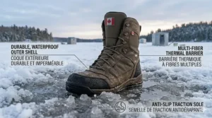 Stylized graphic featuring the warmest ice fishing boots with English and French text: "Canada's Choice / Le choix du Canada."