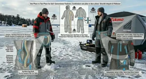 Alt text for image 7: Illustration comparing the convenience of removing a two-piece jacket versus the full-body entry of a one-piece ice fishing suit.