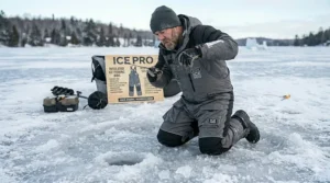 Man kneeling on ice wearing flexible insulated bibs for ice fishing with reinforced padded knees.