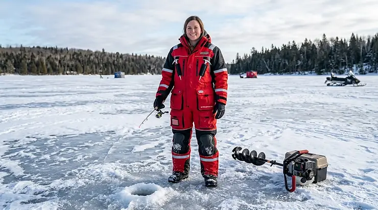 A Canadian angler standing on a frozen lake in a full red and black float suit, equipped with an auger and fishing rod.