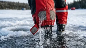 A close-up, photorealistic illustration of the lower leg cuff of a float suit for ice fishing, showing water rapidly draining from the internal mesh liners onto the frozen lake ice.