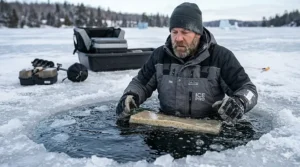 Safety-rated insulated ice fishing bibs with floatation assist technology for early season ice.