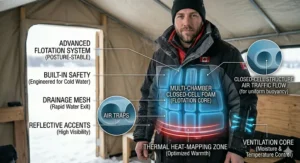 High-detail cross-section of a two piece ice fishing suit showcasing advanced flotation system technology, drainage mesh, and multi-chamber closed-cell foam for cold water safety.