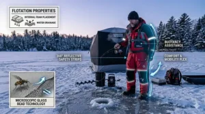 High-visibility reflective accents on flotation bibs for safe ice fishing during dark Canadian winter mornings.