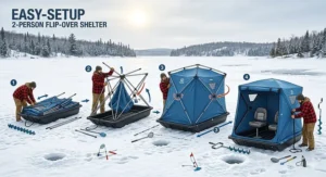 A 2 person flip over ice house collapsed into its heavy-duty sled, ready for towing behind an ATV or snowmobile in Canada.