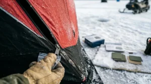 Alt text for image 6: Close-up of a zipper repair on a pop-up ice fishing shelter.