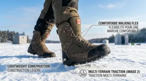 Safety-focused illustration of ice fishing boots with reflective strips for low-light visibility during Canadian winter twilights.