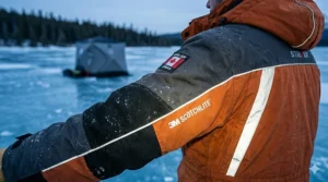 Illustration of 3M reflective piping on a waterproof ice fishing jacket for visibility during early dawn treks in Northern Ontario.