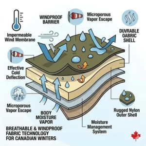 Graphic showing oversized cargo pockets on ice fishing bibs for storing tackle and winter gear.