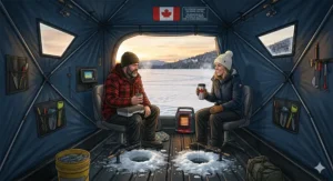 Two anglers sharing a coffee inside a 2 person flip over ice house with a Canadian flag emblem on the gear.