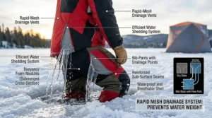Diagram showing rapid mesh drainage vents on a float jacket for ice fishing to prevent water weight.