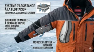 Illustration of the buoyancy assistance and drainage mesh features of a Canadian-standard waterproof ice fishing jacket.