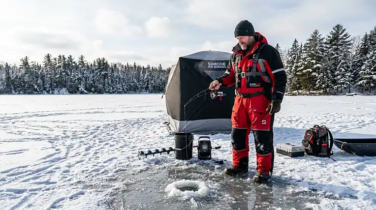 An ice fisherman wearing high-visibility flotation bibs and a matching jacket while pulling a gear sled across a frozen Canadian lake.