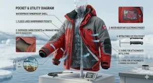 Detailed view of oversized cargo pockets and fleece-lined handwarmer pockets on a winter fishing parka.