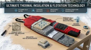 Infographic of thermal insulation layers in flotation bibs designed for sub-zero Canadian ice fishing temperatures.