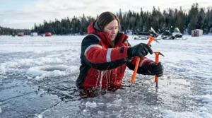 A photorealistic illustration of an angler performing a self-rescue, using retractable ice picks and a buoyant float suit to pull themselves from a jagged hole in a frozen Canadian lake.