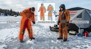 Alt text for image 2: Diagram showing heat retention differences between a one-piece coverall and a two-piece jacket and bib set for Canadian ice fishing.
