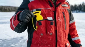 A close-up, photorealistic illustration showing dedicated, reinforced pockets on the chest of a float suit designed to hold ice safety picks, set against a frozen Canadian lake.
