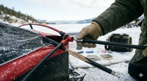 Alt text for image 5: How to use a pole sleeve from an ice shelter repair kit to fix a broken frame.