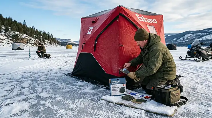 A person repairing a portable ice fishing shack on a frozen Canadian lake. ice fishing suit