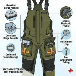 Sizing guide for insulated fishing bibs featuring adjustable straps and a comfortable fit for Canadian layers.