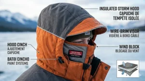 An insulated, wire-brimmed storm hood on a waterproof ice fishing jacket designed to block harsh Canadian prairie winds.