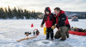 Illustration of a child wearing a sized-down float jacket for ice fishing while learning to use a tip-up.