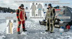 Alt text for image 5: Infographic of a modular layering system under a two-piece ice suit (vêtements de pêche sur glace) for fluctuating Ontario and Quebec temperatures.