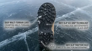 Illustration showing a fisherman walking comfortably across a snowy expanse wearing lightweight, insulated ice fishing boots.