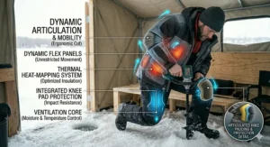 An ice fisher in a two piece ice fishing suit using a power auger inside a tent, highlighting the suit's dynamic articulation, flex panels, and thermal heat-mapping system.