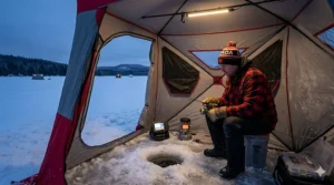 The night fishing scene with the angler using the red-light mode.