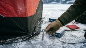 Alt text for image 9: Securing ice shelter anchors and guy lines using repair kit components.