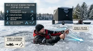 Illustration demonstrating a self-rescue using ice picks and the natural buoyancy of flotation bibs in an ice-break scenario.