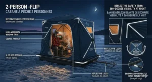 Illustration of a 2 person flip over ice house at night with reflective safety trim illuminated for visibility on the ice.
