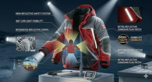 Illustration of high-visibility reflective piping on a black and grey insulated ice fishing jacket for low-light safety.