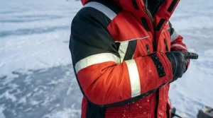 A close-up, photorealistic illustration of the integrated reflective safety strips on a red and black float suit for ice fishing, set against a frozen Canadian lake.