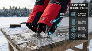Close-up illustration showing rapid-drain mesh technology in ice fishing bibs to prevent water weight during self-rescue.
