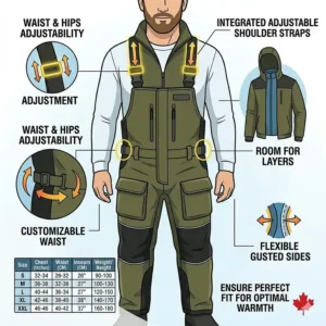 Close-up illustration showing reinforced padded knees on ice fishing bibs for durability on rough ice.