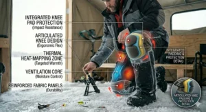 4K close-up of a two piece ice fishing suit's bibs, focusing on integrated knee pad protection, articulated design, and reinforced fabric panels for maximum durability.