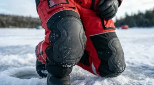 A close-up, photorealistic illustration focusing on charcoal-black reinforced knee panels on red ice fishing float suit bibs, kneeling on rugged lake ice in Canada.