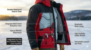 Digital drawing of an ice fishing flotation suit with ice picks and a handheld GPS on a frozen bay.