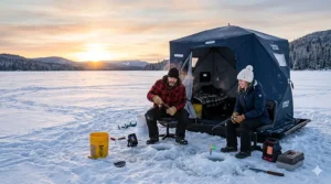Interior view of a 2 person flip over ice house showing two swivel seats and ample room for gear and electronics.