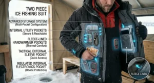Photorealistic illustration of a two piece ice fishing suit's advanced storage system, including fleece-lined handwarmer pockets and an insulated internal electronics pocket.