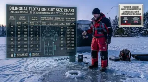 Size guide for flotation bibs ice fishing / salopettes de flottaison pour la pêche sur glace, showing Canadian sizing metrics.