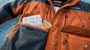 Close-up of oversized, fleece-lined waterproof pockets designed to hold tackle boxes and hand-warmers in sub-zero temperatures.