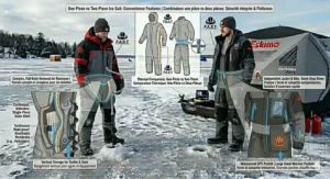 Alt text for image 8: Detailed view of specialized pockets for GPS, tackle boxes, and hand warmers in a modern two-piece ice suit design.