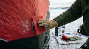 Alt text for image 7: Illustration of a thermal fabric patch being applied to an insulated ice shack.