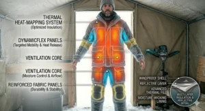 Thermal heat-map illustration of a two piece ice fishing suit showing targeted mobility zones and the multi-layer insulation system optimized for the Canadian winter.
